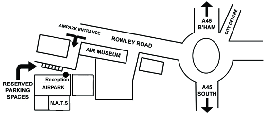 Hand-drawn map: Airpark entrance off Rowley Road, past the Air Museum to reception and reserved parking